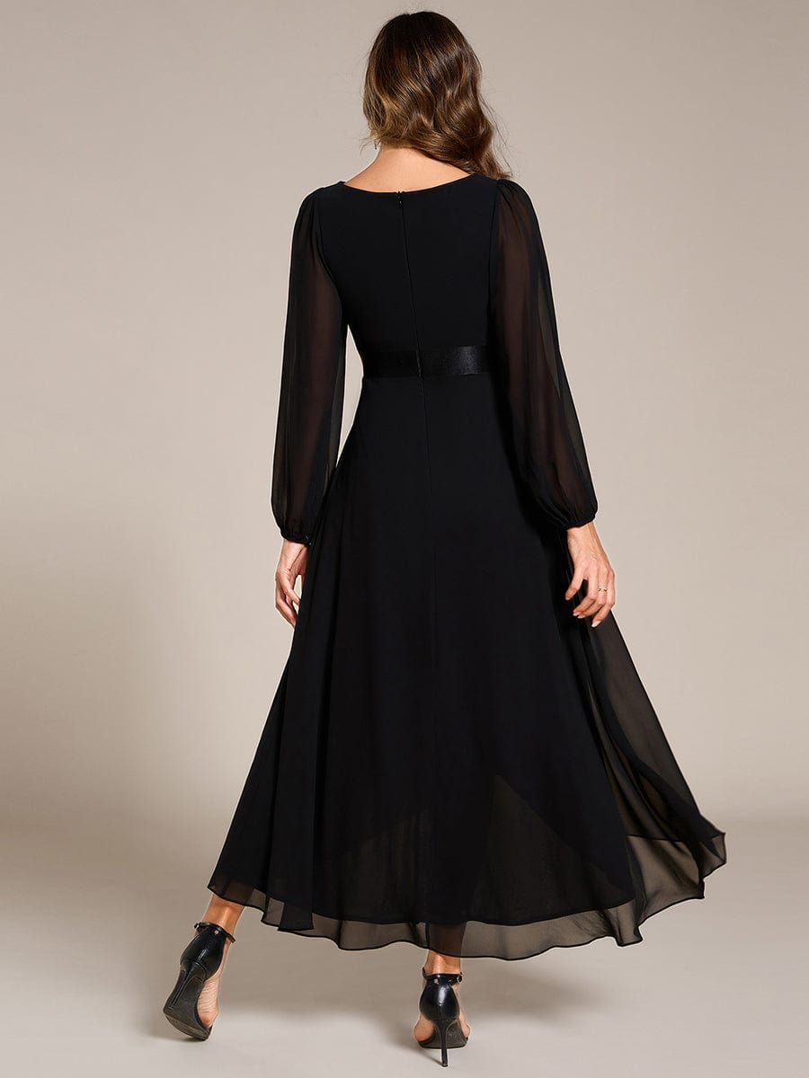 Long Sleeve A Line Chiffon Pleated Asymmetrical Hem Formal Dress #color_Black