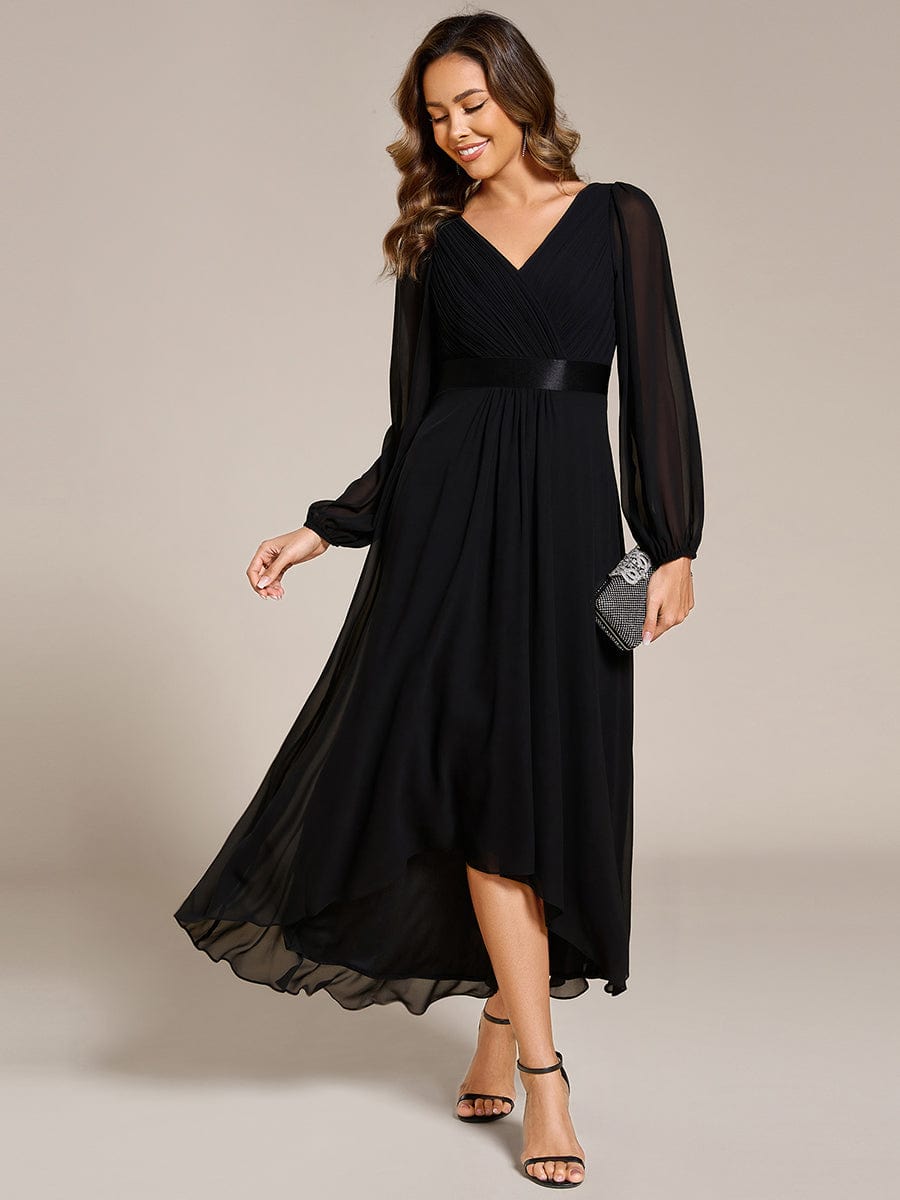 Long Sleeve A Line Chiffon Pleated Asymmetrical Hem Formal Dress #color_Black