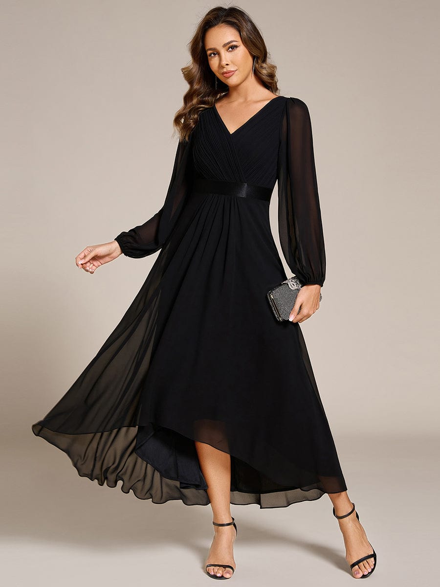 Long Sleeve A Line Chiffon Pleated Asymmetrical Hem Formal Dress #color_Black