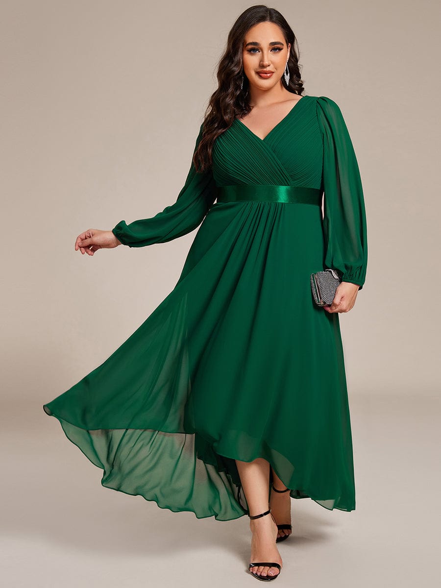 Long Sleeve A Line Chiffon Pleated Asymmetrical Hem Formal Dress #color_Dark Green