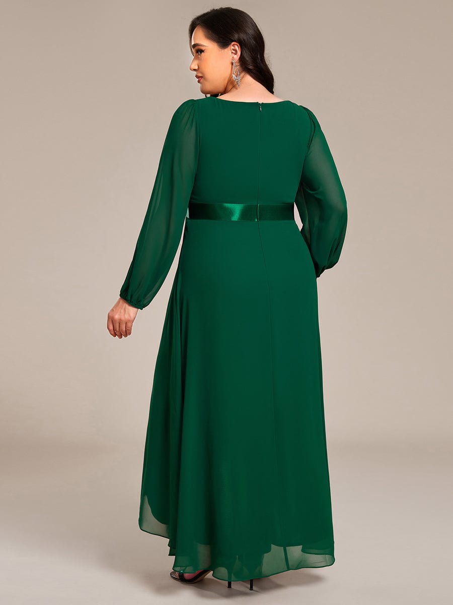 Long Sleeve A Line Chiffon Pleated Asymmetrical Hem Formal Dress #color_Dark Green