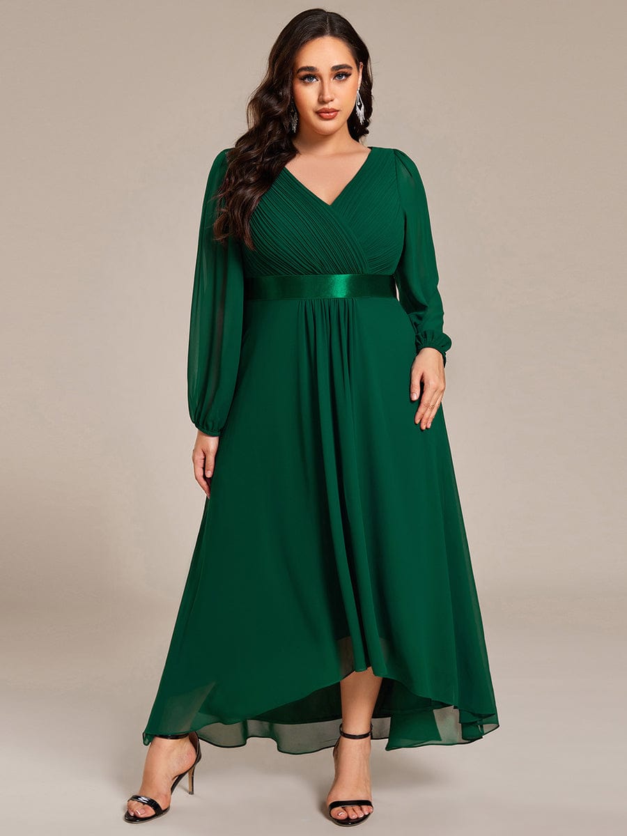 Long Sleeve A Line Chiffon Pleated Asymmetrical Hem Formal Dress #color_Dark Green