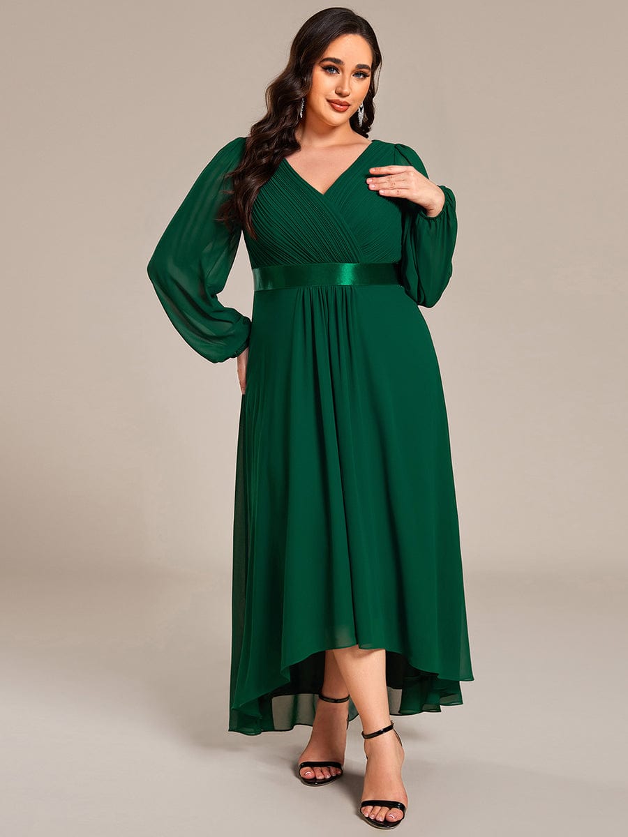 Long Sleeve A Line Chiffon Pleated Asymmetrical Hem Formal Dress #color_Dark Green