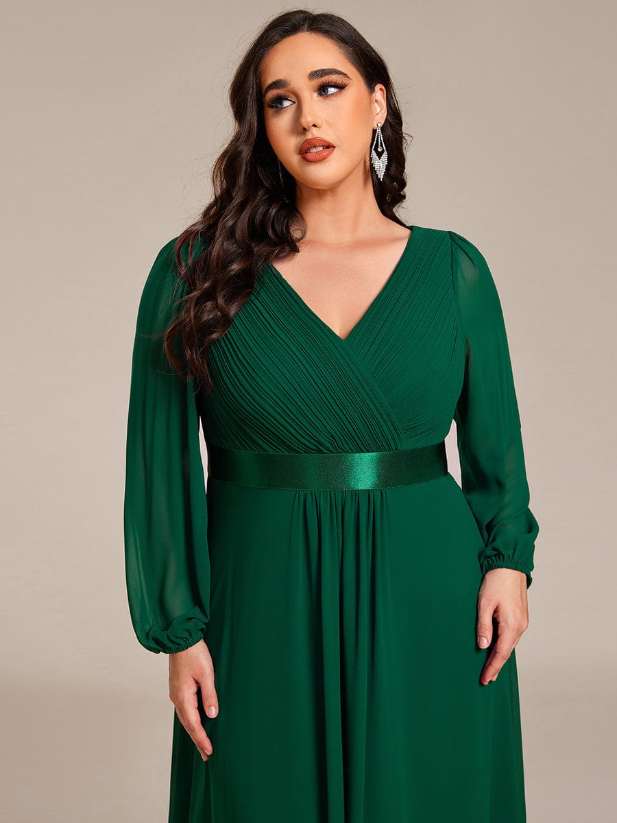 Long Sleeve A Line Chiffon Pleated Asymmetrical Hem Formal Dress #color_Dark Green