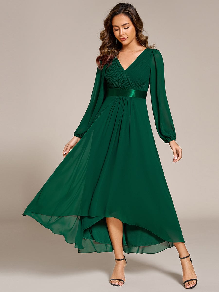 Long Sleeve A Line Chiffon Pleated Asymmetrical Hem Formal Dress #color_Dark Green