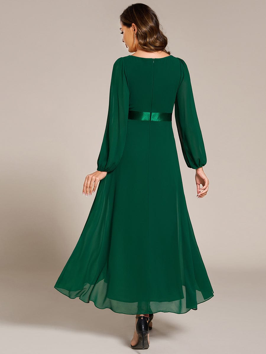 Long Sleeve A Line Chiffon Pleated Asymmetrical Hem Formal Dress #color_Dark Green