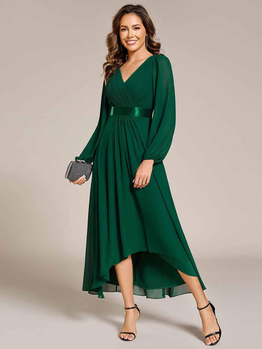 Long Sleeve A Line Chiffon Pleated Asymmetrical Hem Formal Dress #color_Dark Green