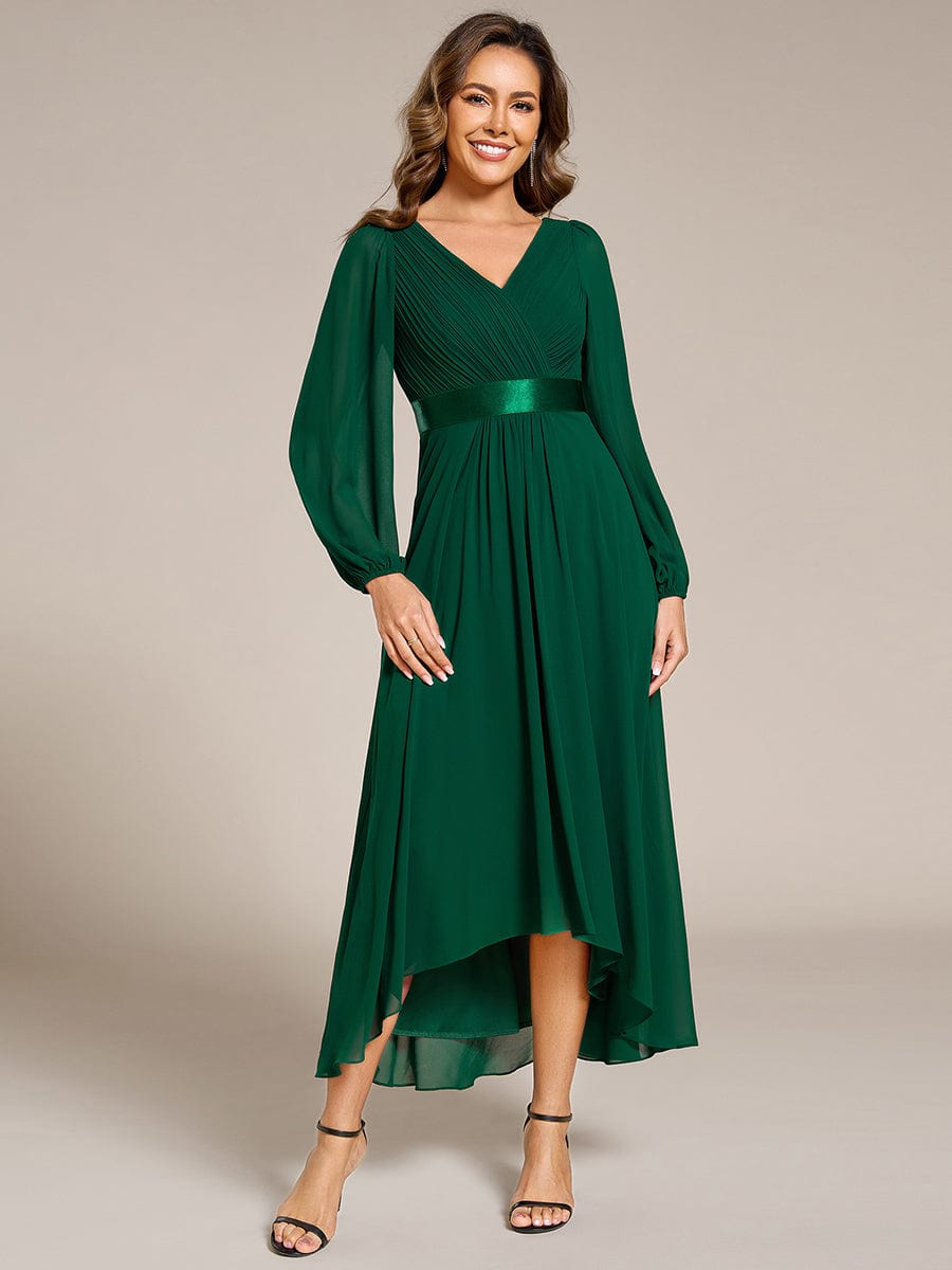 Long Sleeve A Line Chiffon Pleated Asymmetrical Hem Formal Dress #color_Dark Green