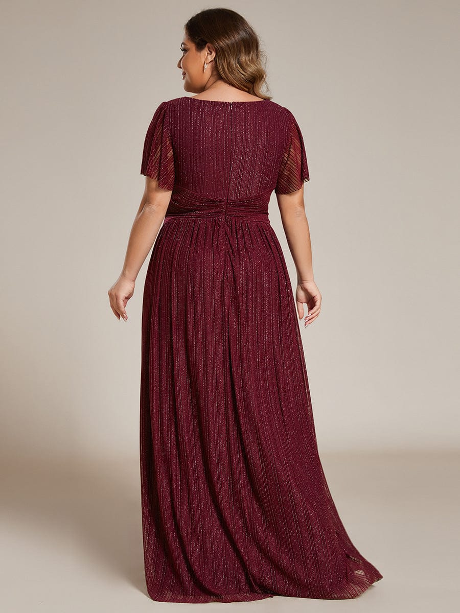 Glittery Empire Waist Long Lantern Sleeves A-Line Evening Dress #color_Burgundy