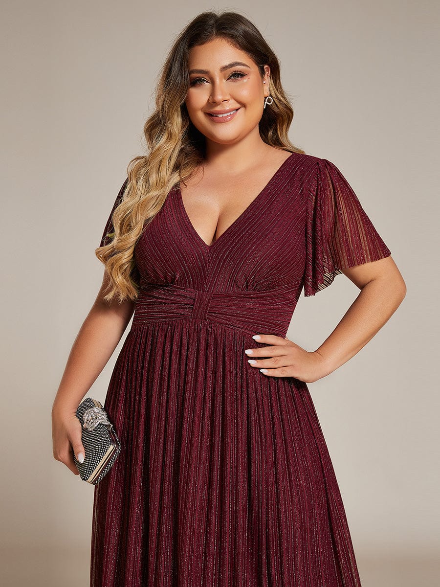 Plus Size V-Neck Glittery Short Sleeves Formal Evening Dress with Empire Waist #color_Burgundy