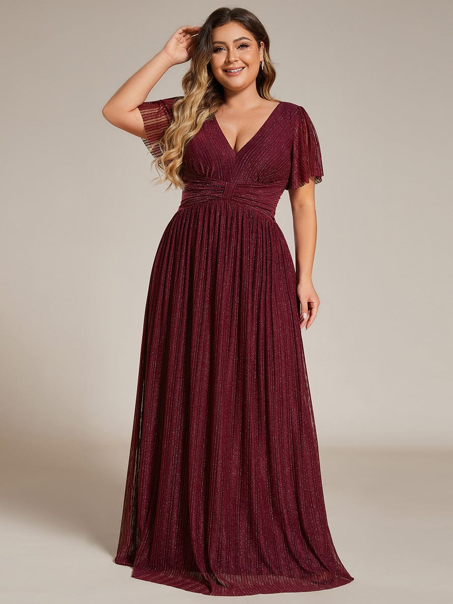 Glittery Empire Waist Long Lantern Sleeves A-Line Evening Dress #color_Burgundy