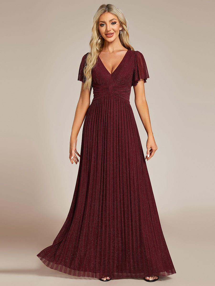 V-Neck Glittery Short Sleeves Formal Evening Dress with Empire Waist #color_Burgundy