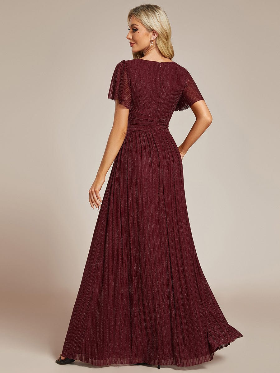 Glittery Empire Waist Long Lantern Sleeves A-Line Evening Dress #color_Burgundy