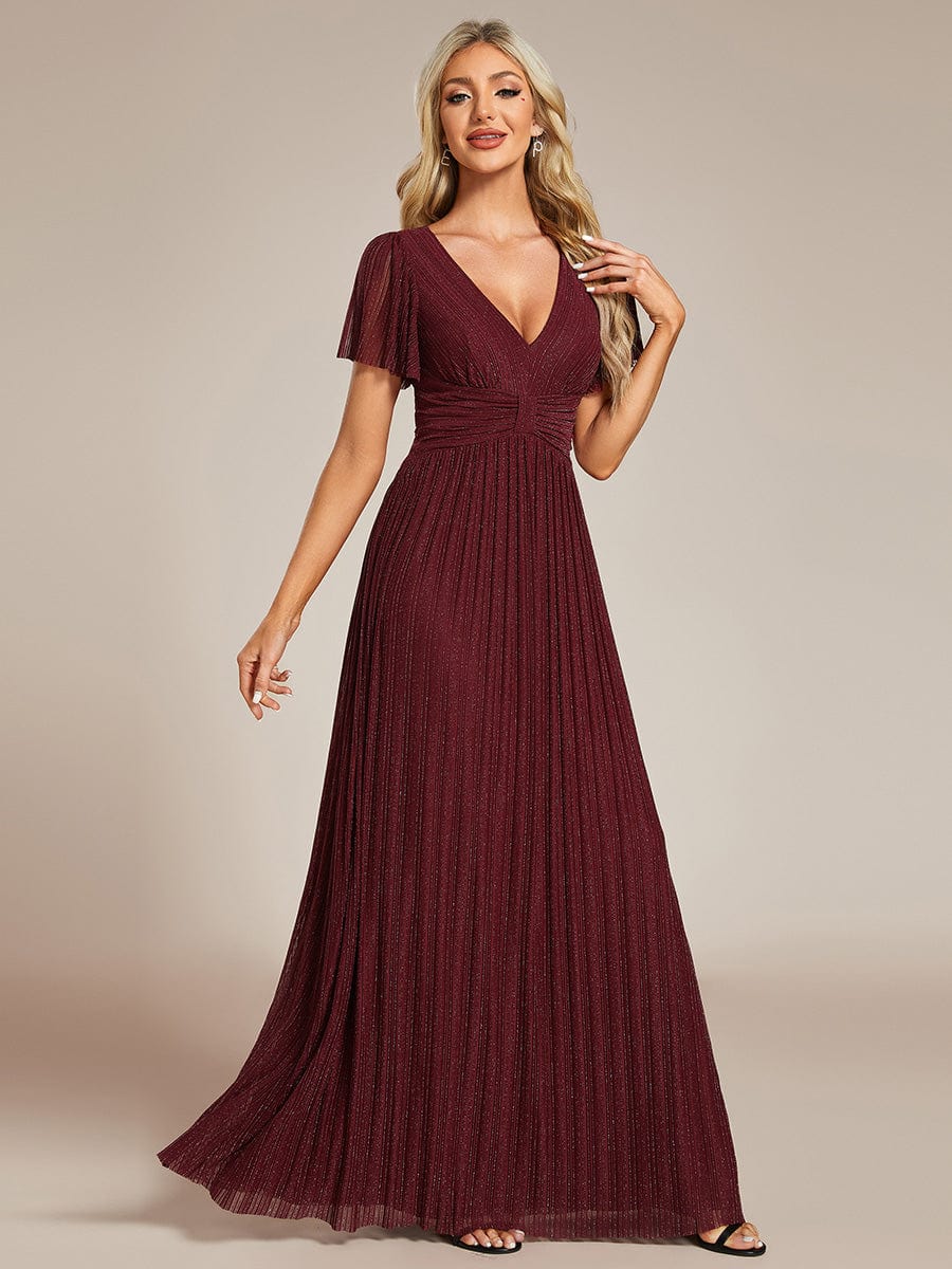 V-Neck Glittery Short Sleeves Formal Evening Dress with Empire Waist #color_Burgundy