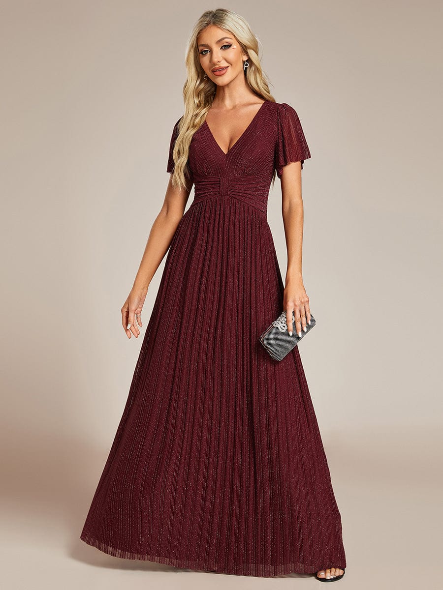 Glittery Empire Waist Long Lantern Sleeves A-Line Evening Dress #color_Burgundy