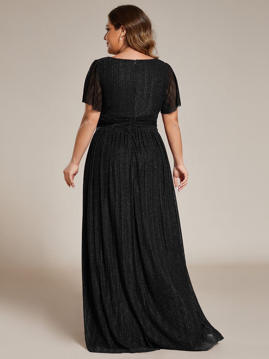 Glittery Empire Waist Long Lantern Sleeves A-Line Evening Dress #color_Black