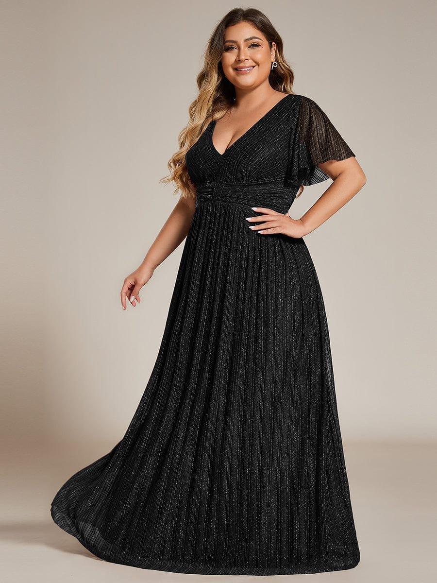 Glittery Empire Waist Short Sleeves Plus Size Formal Evening Dress with V Neck Ever Pretty US