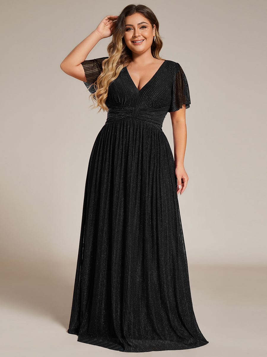 Glittery Empire Waist Long Lantern Sleeves A-Line Evening Dress #color_Black