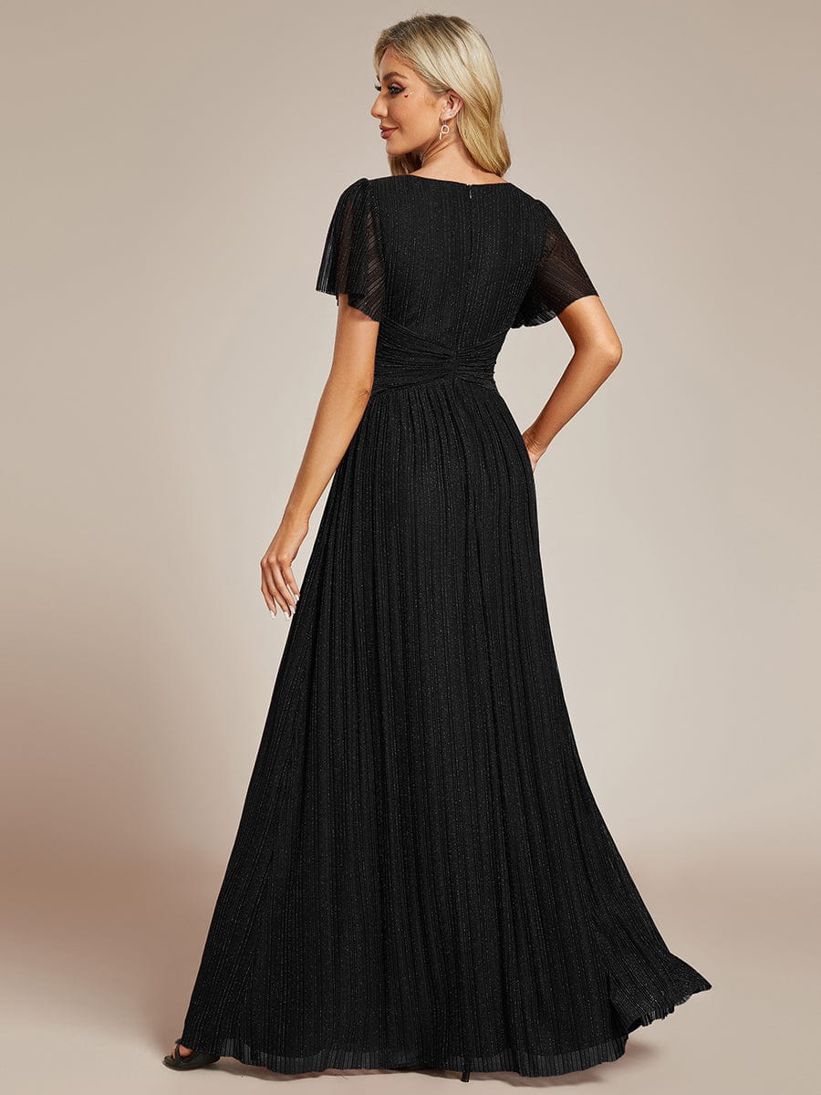 Glittery Empire Waist Long Lantern Sleeves A-Line Evening Dress #color_Black