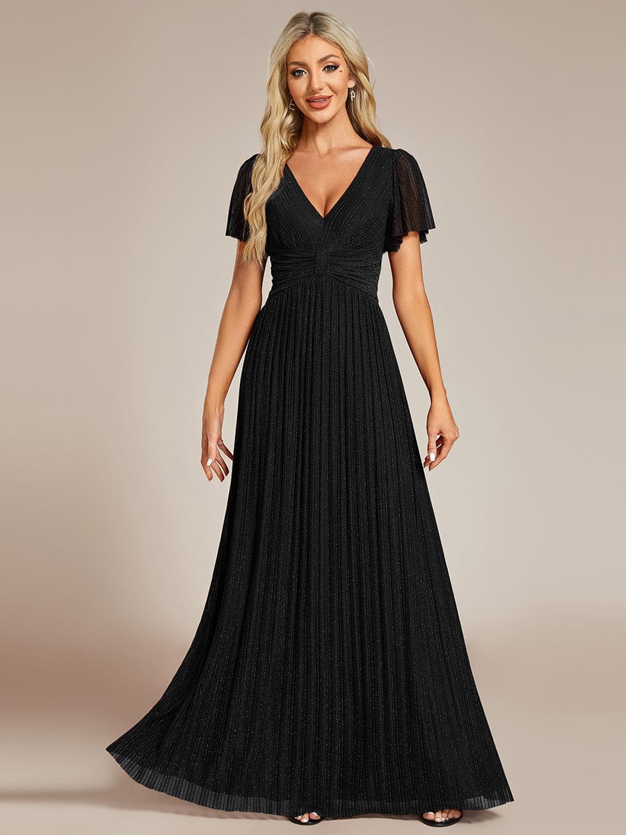 Glittery Empire Waist Long Lantern Sleeves A-Line Evening Dress #color_Black