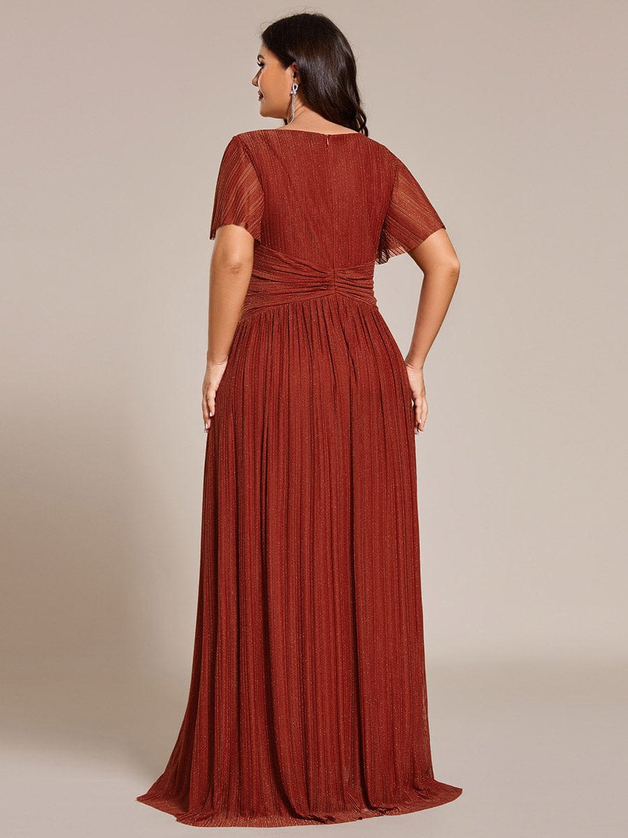 Plus Size V-Neck Glittery Short Sleeves Formal Evening Dress with Empire Waist #color_Burnt Orange