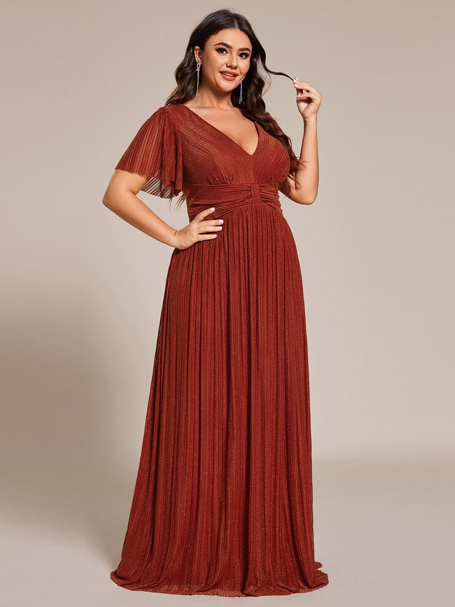 Plus Size V-Neck Glittery Short Sleeves Formal Evening Dress with Empire Waist #color_Burnt Orange