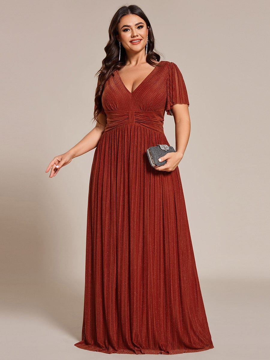 Plus Size V-Neck Glittery Short Sleeves Formal Evening Dress with Empire Waist #color_Burnt Orange