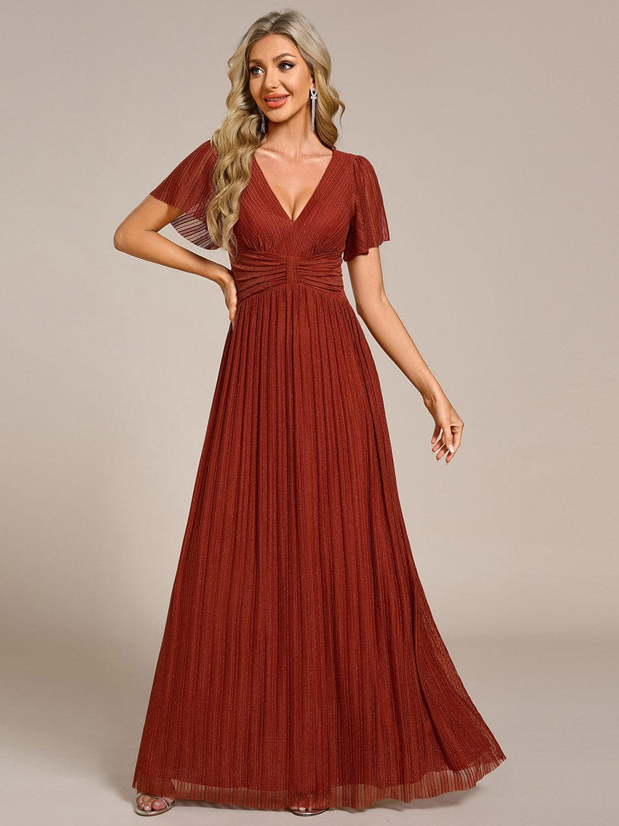 V-Neck Glittery Short Sleeves Formal Evening Dress with Empire Waist #color_Burnt Orange