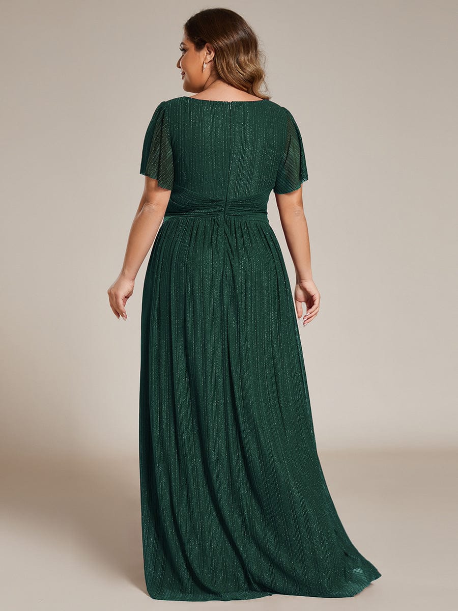 Plus Size V-Neck Glittery Short Sleeves Formal Evening Dress with Empire Waist #color_Dark Green