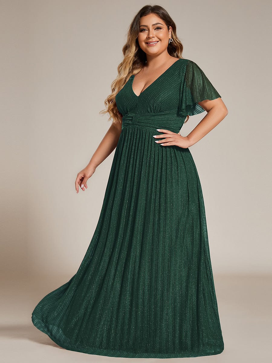 V-Neck Glittery Short Sleeves Formal Evening Dress with Empire Waist #color_Dark Green