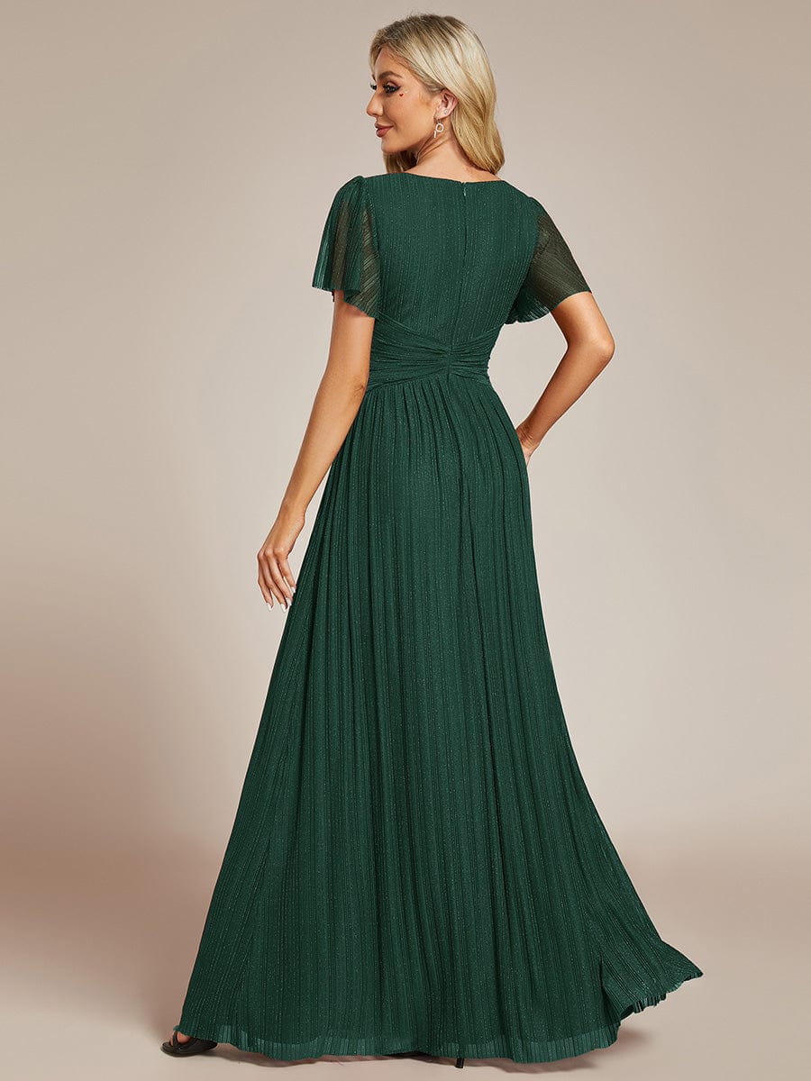 V-Neck Glittery Short Sleeves Formal Evening Dress with Empire Waist #color_Dark Green