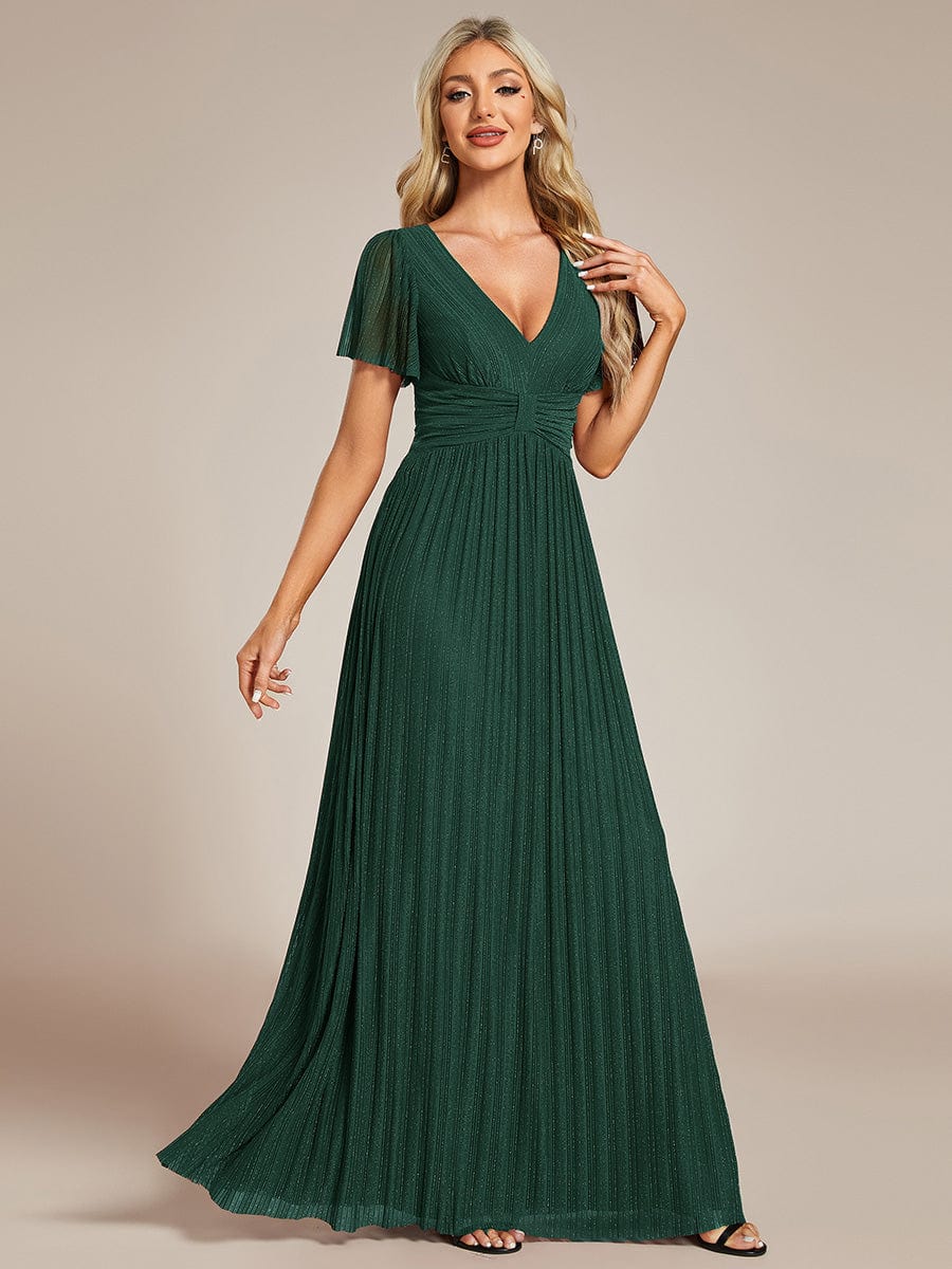 V-Neck Glittery Short Sleeves Formal Evening Dress with Empire Waist #color_Dark Green