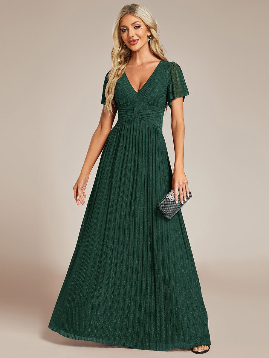 Glittery Empire Waist Long Lantern Sleeves A-Line Evening Dress #color_Dark Green