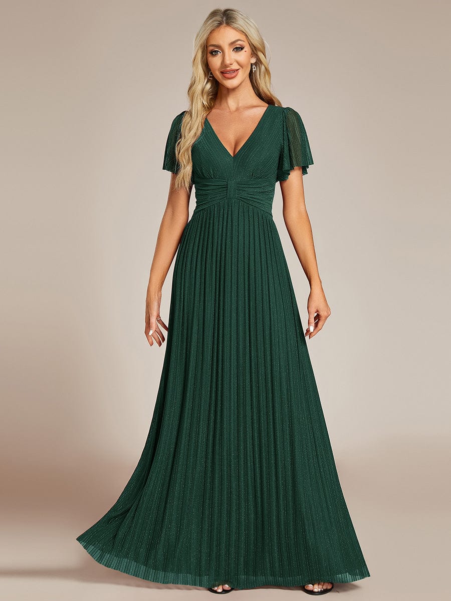 V-Neck Glittery Short Sleeves Formal Evening Dress with Empire Waist #color_Dark Green