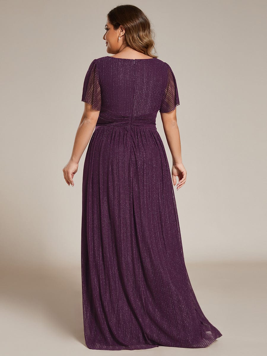 V-Neck Glittery Short Sleeves Formal Evening Dress with Empire Waist #color_Purple Wisteria