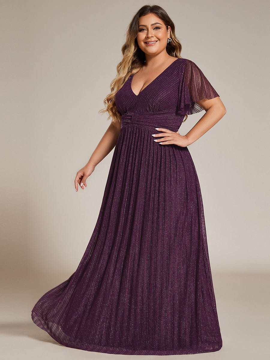 V-Neck Glittery Short Sleeves Formal Evening Dress with Empire Waist #color_Purple Wisteria