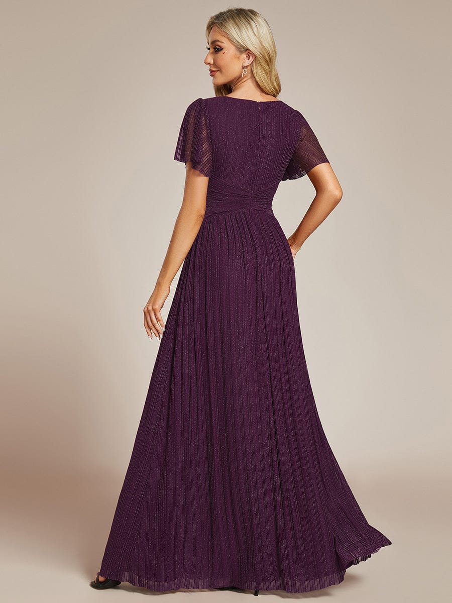 V-Neck Glittery Short Sleeves Formal Evening Dress with Empire Waist #color_Purple Wisteria