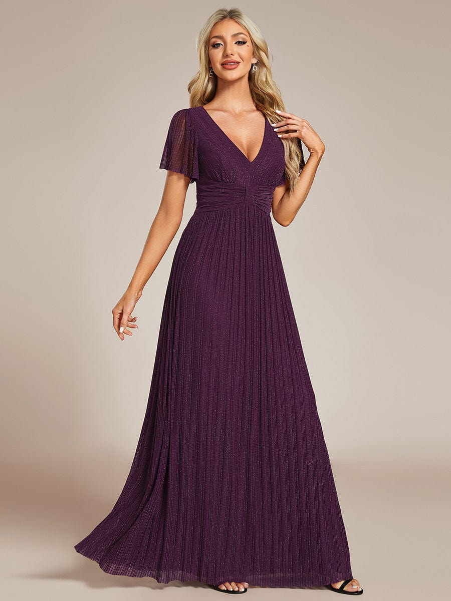 V-Neck Glittery Short Sleeves Formal Evening Dress with Empire Waist #color_Purple Wisteria