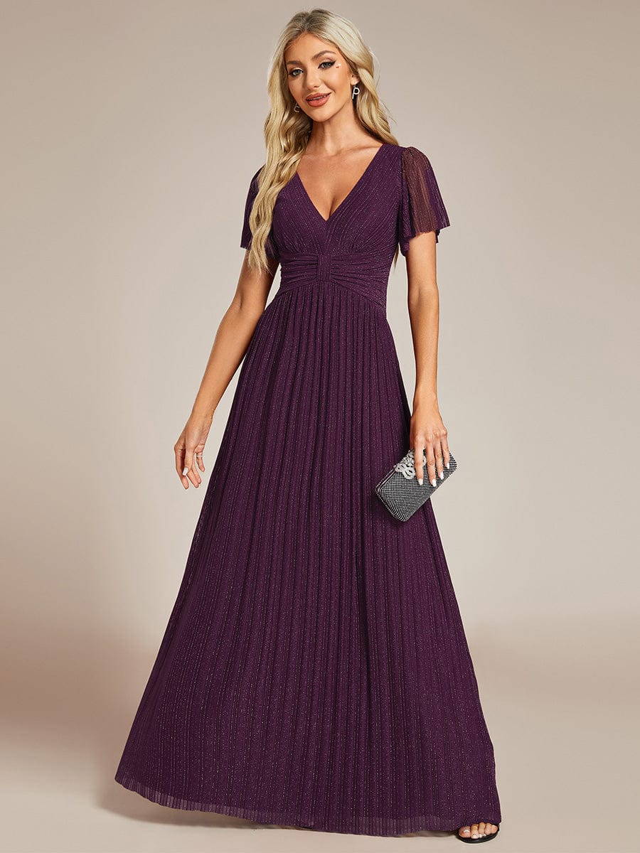 Glittery Empire Waist Long Lantern Sleeves A-Line Evening Dress #color_Purple Wisteria