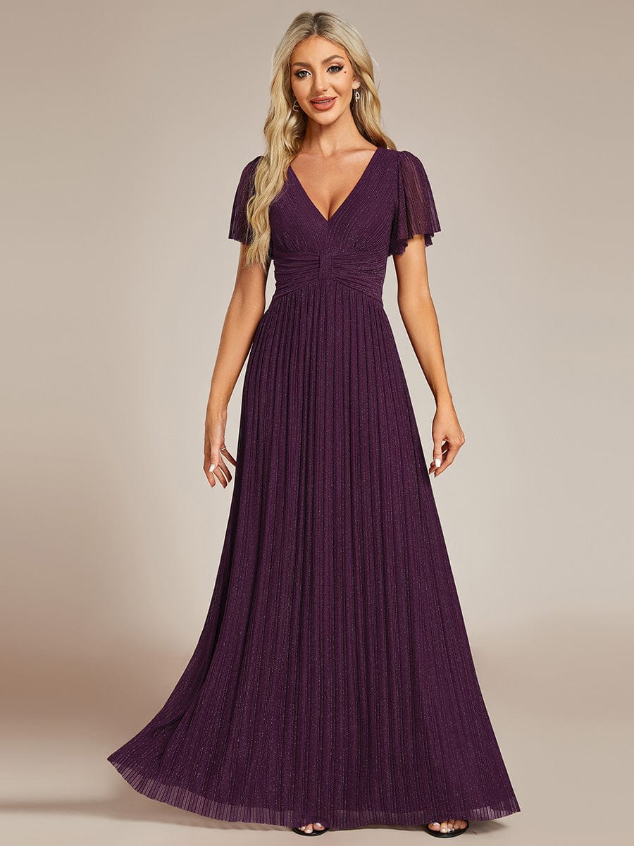 V-Neck Glittery Short Sleeves Formal Evening Dress with Empire Waist #color_Purple Wisteria