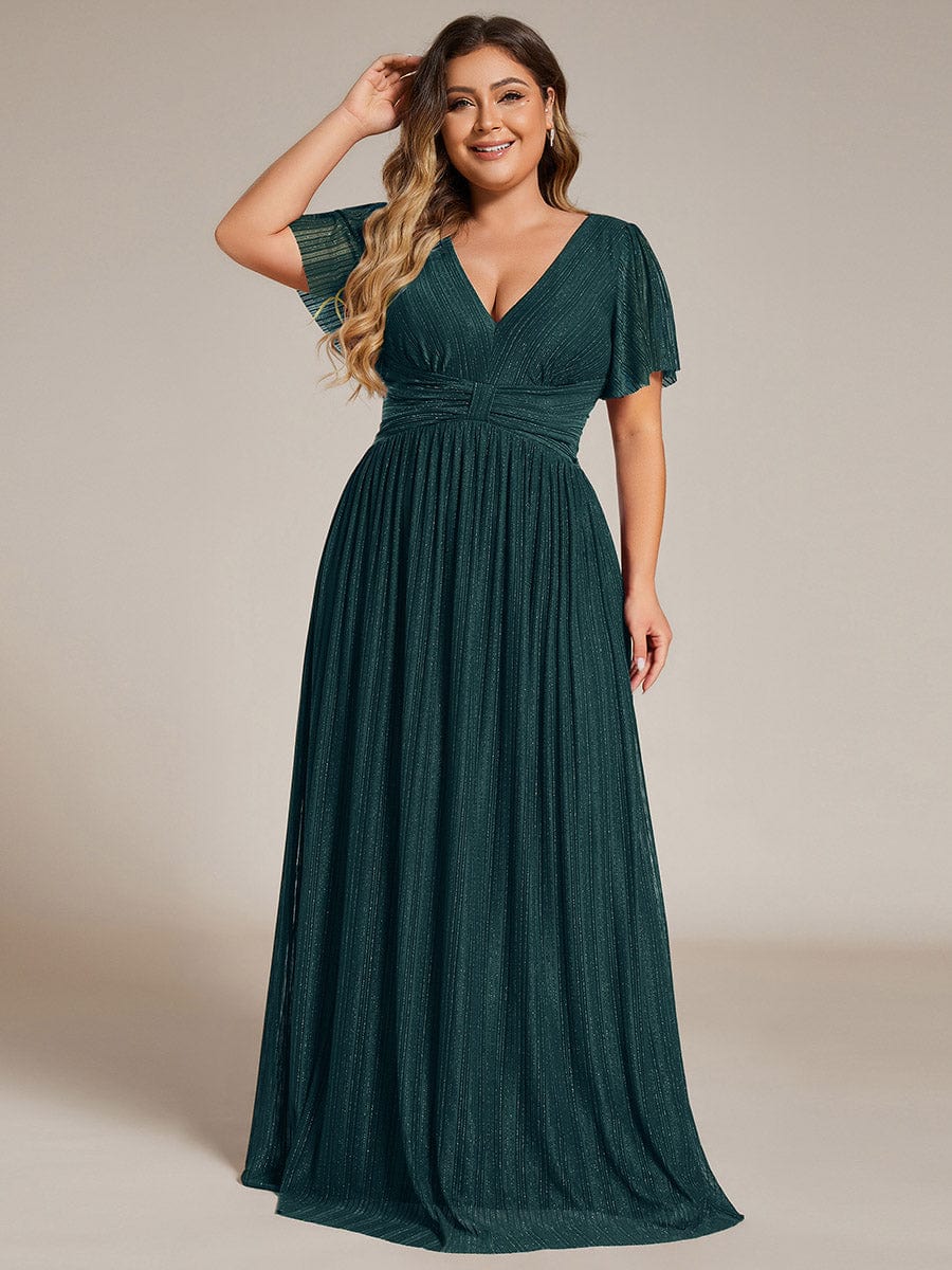 Plus Size V-Neck Glittery Short Sleeves Formal Evening Dress with Empire Waist #color_Teal