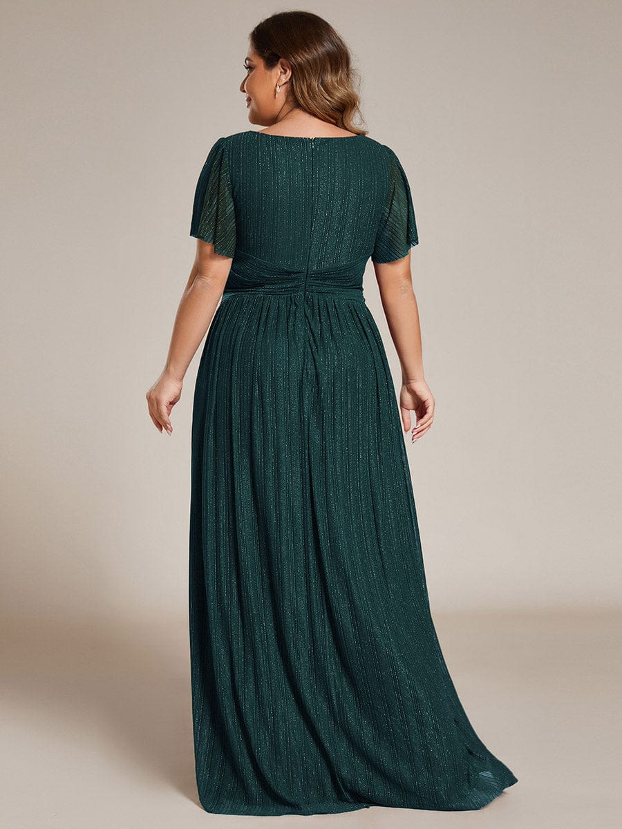 Plus Size V-Neck Glittery Short Sleeves Formal Evening Dress with Empire Waist #color_Teal