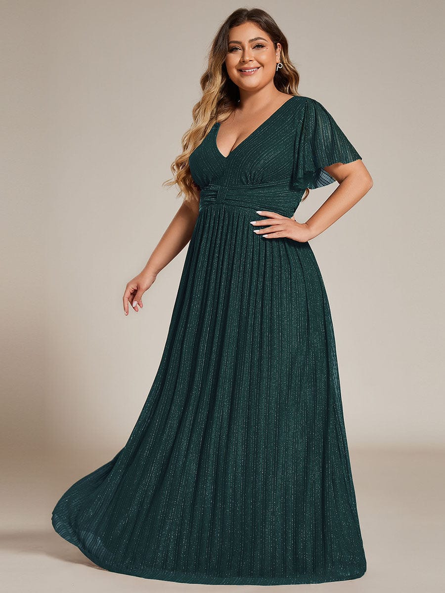 Plus Size V-Neck Glittery Short Sleeves Formal Evening Dress with Empire Waist #color_Teal