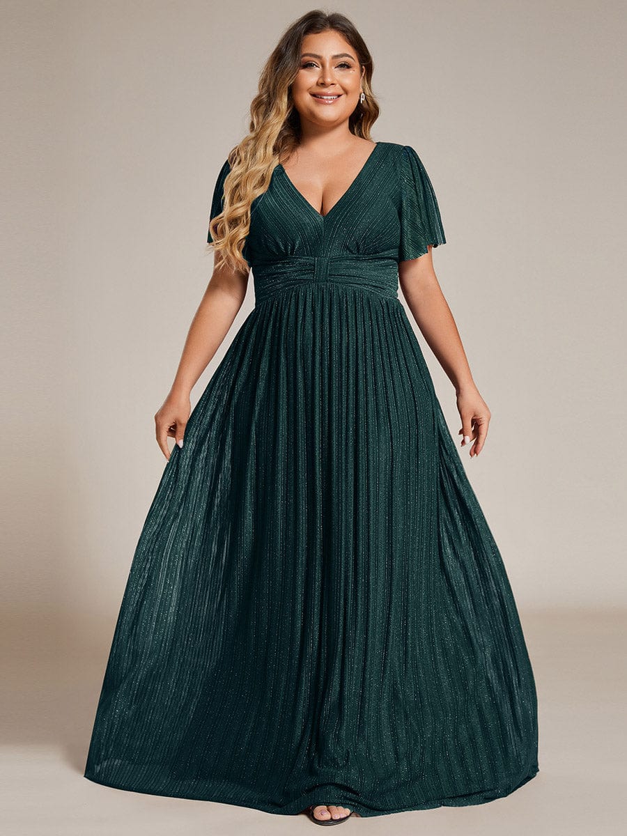 Plus Size V-Neck Glittery Short Sleeves Formal Evening Dress with Empire Waist #color_Teal