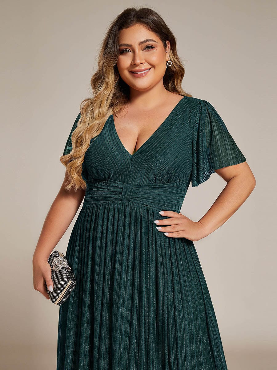 Plus Size V-Neck Glittery Short Sleeves Formal Evening Dress with Empire Waist #color_Teal