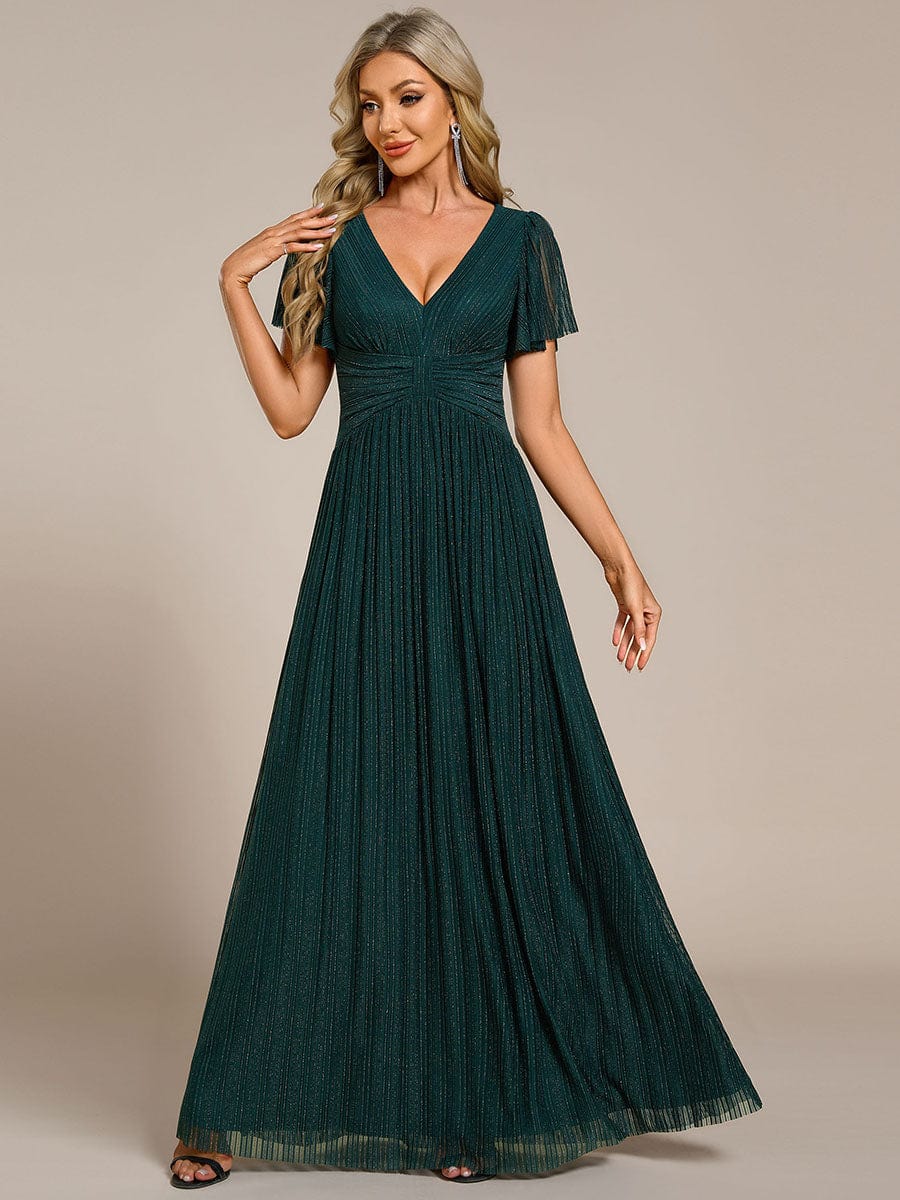 V-Neck Glittery Short Sleeves Formal Evening Dress with Empire Waist #color_Teal