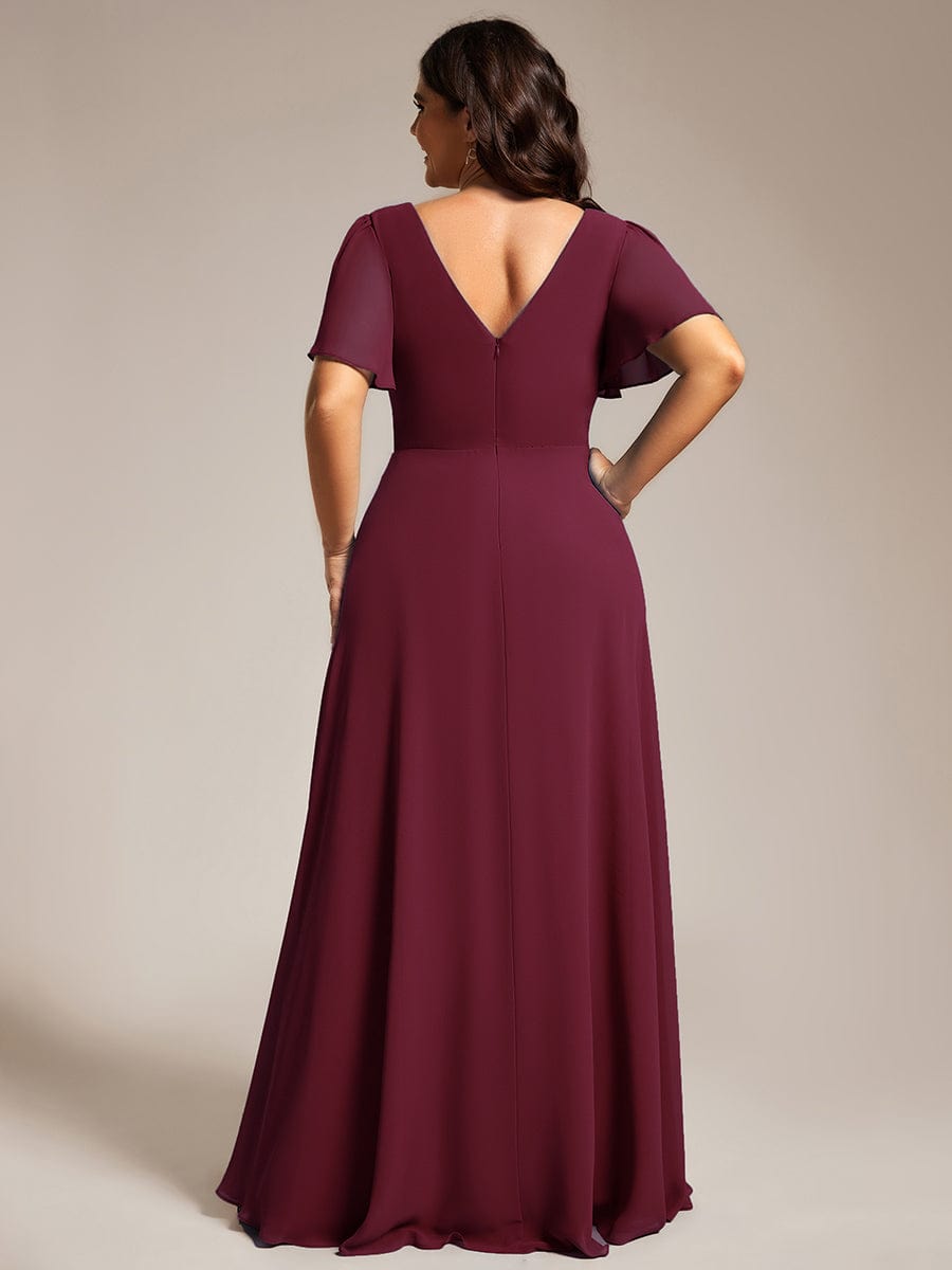 Pleated A-Line Chiffon Evening Dress with Short Sleeves and Sequin Waist #color_Burgundy