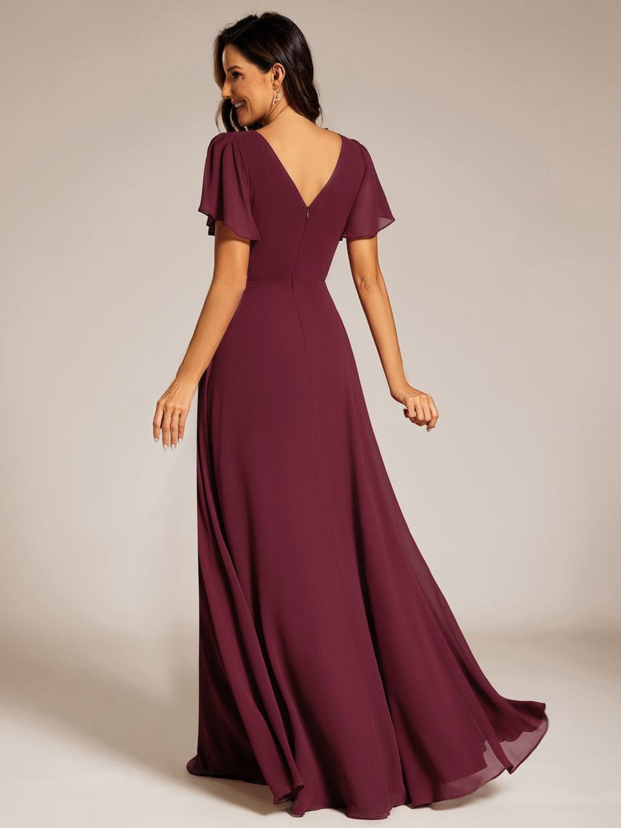 Pleated A-Line Chiffon Evening Dress with Short Sleeves and Sequin Waist #color_Burgundy