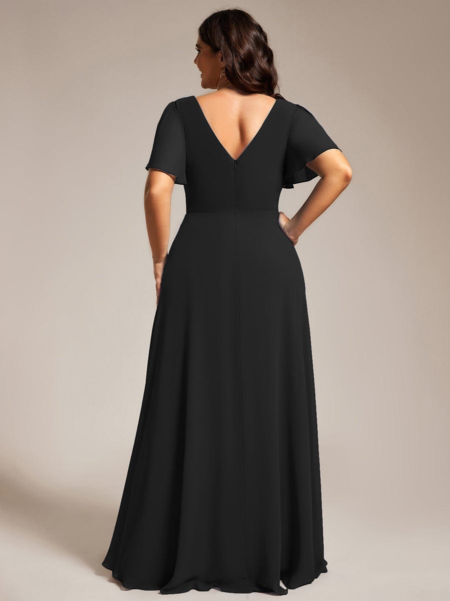 Plus Size Pleated A-Line Shiny Belt Chiffon Formal Evening Dress #color_Black