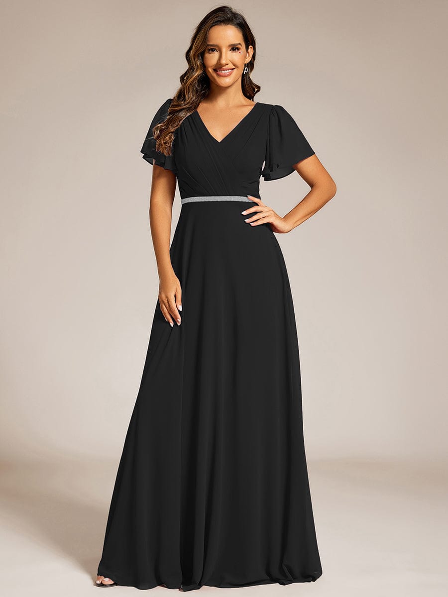 Pleated A-Line Chiffon Evening Dress with Short Sleeves and Sequin Waist #color_Black